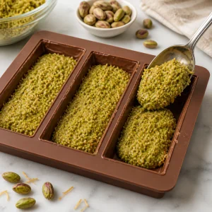 Pistachio kataifi filling spooned into hardened chocolate shells