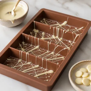 White chocolate drizzle set inside a deep silicone chocolate bar mold