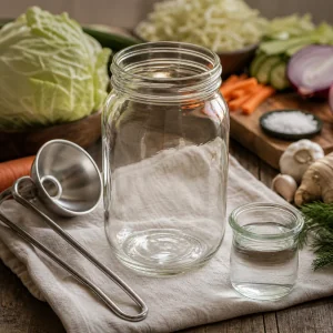 Frasco de vidrio limpio y utensilios preparados para fermentar verduras