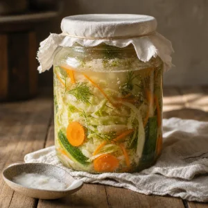 Frasco cubierto de verduras fermentando con salmuera turbia y burbujeante