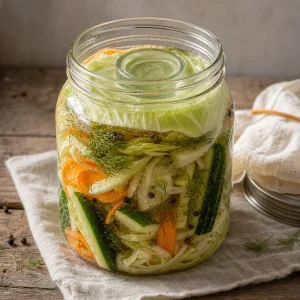 Verduras fermentando bajo la salmuera con una hoja de col como peso