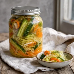 Verduras fermentadas terminadas en un frasco cerrado con un pequeno cuenco