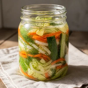 Verduras mezcladas compactadas en un frasco de vidrio bajo salmuera