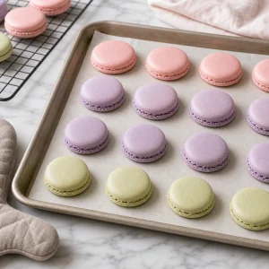 Baked macaron shells with defined feet cooling on a parchment-lined pan.