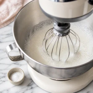 Egg whites and cream of tartar whipping into a foamy mixture in a stand mixer.