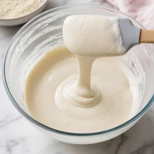 Macaron batter being folded until it falls from a spatula in a slow ribbon.