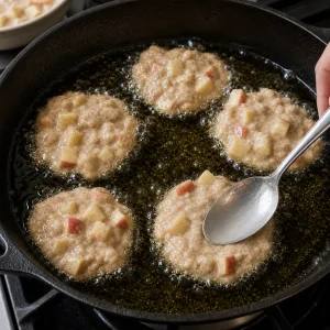 Apple fritter batter portions dropped into hot oil and gently flattened.
