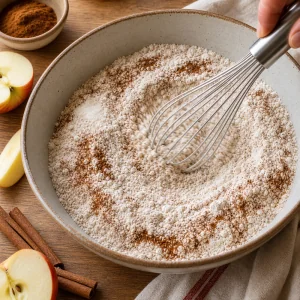 Dry fritter ingredients whisked with cinnamon and nutmeg in a mixing bowl.