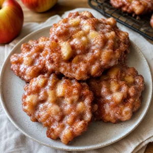 Glazed apple fritters with cinnamon and spice stacked on a cooling rack.