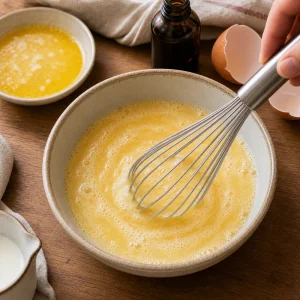 Milk, egg, vanilla, and melted butter whisked into a smooth wet mixture.