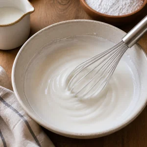 Powdered sugar glaze whisked smooth with milk and vanilla in a shallow bowl.