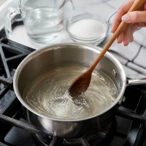 Clear simple syrup stirred in a saucepan until the sugar dissolves