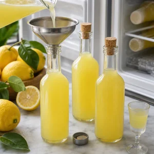 Homemade limoncello funneled into glass bottles for chilling and serving ice cold