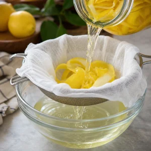 Lemon infused alcohol strained through cheesecloth into a glass bowl