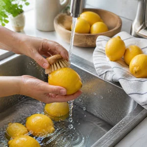 Lemons scrubbed under warm water and dried for homemade limoncello