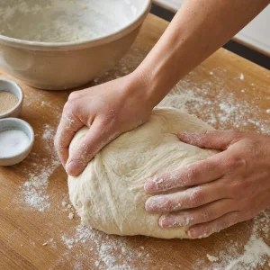 Massa de bagel sovada numa tábua enfarinhada até ficar lisa e elástica