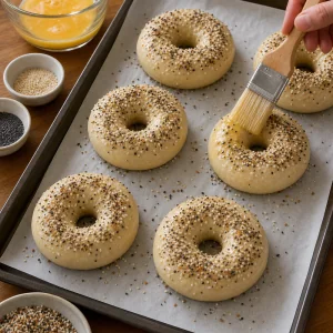 Bagels cozidos pincelados com ovo e polvilhados com tempero everything