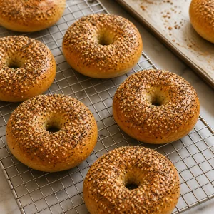 Bagels everything bem dourados a arrefecer numa grelha