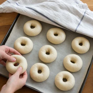 Oito anéis de bagel crus moldados e a descansar sobre papel vegetal