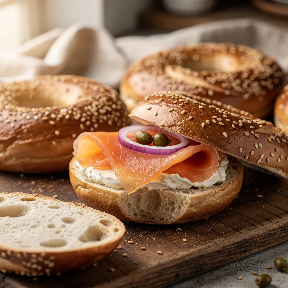 Bagels kosher caseiros dourados com tempero Everything e sementes de gergelim em tábua de madeira rústica