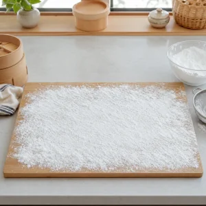 Superficie limpa polvilhada generosamente com fecula de batata para mochi