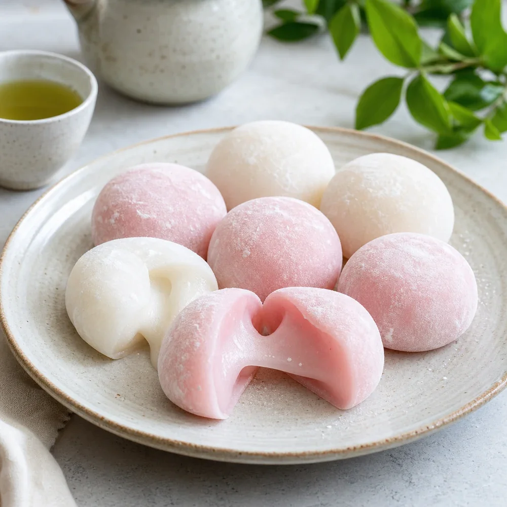 Finished homemade mochi rice cakes dusted with starch on a ceramic plate