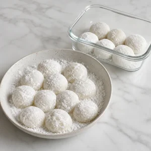 Mochis prontos envolvidos em mais amido ao lado de um recipiente hermetico