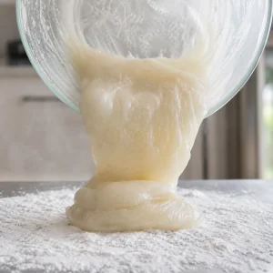 Massa quente e brilhante de mochi colocada sobre a superficie com amido