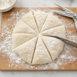 Massa de mochi cortada em doze pedacos iguais sobre tabua com amido