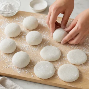Pedacos de mochi moldados em bolas lisas e pequenos discos sobre tabua com amido