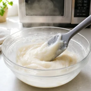 Mistura de mochi parcialmente cozida mexida apos o primeiro tempo no micro-ondas