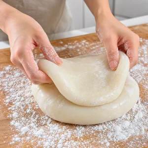 Maos com amido esticando e dobrando massa morna de mochi