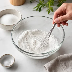 Farinha de arroz glutinoso acucar e sal misturados em uma tigela propria para micro-ondas