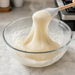 Massa de mochi cozida e translucida se soltando da tigela com uma espatula