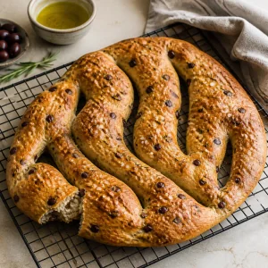 Baked olive rosemary fougasse cooling on a wire rack