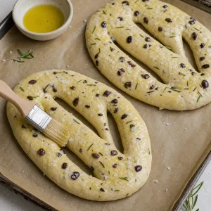 Fougasse loaves brushed with olive oil and sprinkled with sea salt