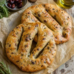 Homemade olive fougasse with rosemary and sea salt