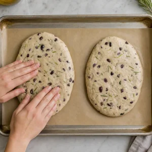 Olive rosemary dough shaped into two ovals on parchment
