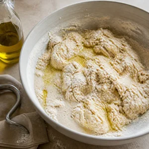 Shaggy fougasse dough forming with yeast mixture and olive oil