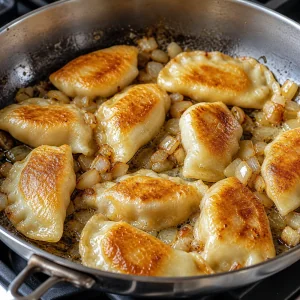 Boiled pierogi pan fried with butter and sauteed onions until golden crisp