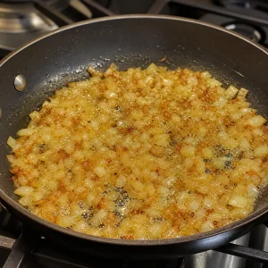 Diced onions sauteing in butter until golden for pierogi