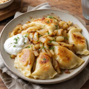 Finished potato and cheese pierogi with sauteed onions and sour cream