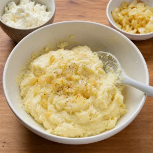 Mashed potato cheese filling mixed with sauteed onions and pepper