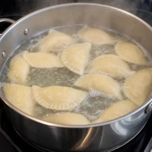 Pierogi boiling in salted water until they float to the top