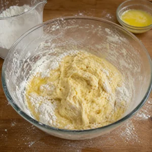 Pierogi dough coming together with egg sour cream flour and melted butter