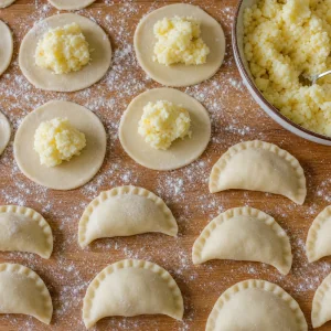 Potato cheese filling placed on dough circles and sealed into half moon pierogi
