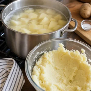 Potato cubes boiling beside smooth mashed potatoes for pierogi filling