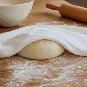 Soft pierogi dough resting under a clean towel on a floured counter