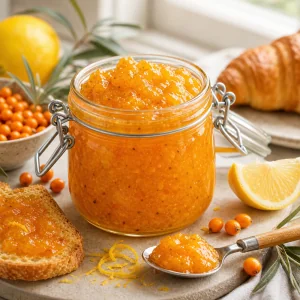 Jar of homemade sea buckthorn jam with lemon and toast.