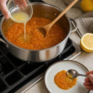 Lemon juice stirred into sea buckthorn jam with a cold plate test nearby.
